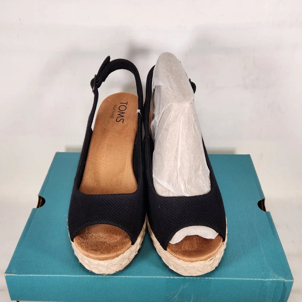TOMS Camilla Wedge Sandals Women Size 8.5 Black Basketweave Espadrille Peep Toe